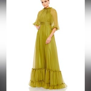 MAC DUGGAL Chiffon Ruched Illusion Ruffled Gown, color: Olive